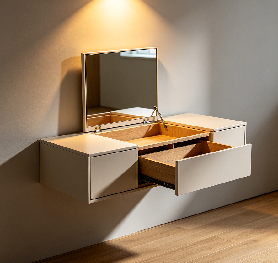 Wall-Mounted Floating Vanity with Hidden Mirror Storage